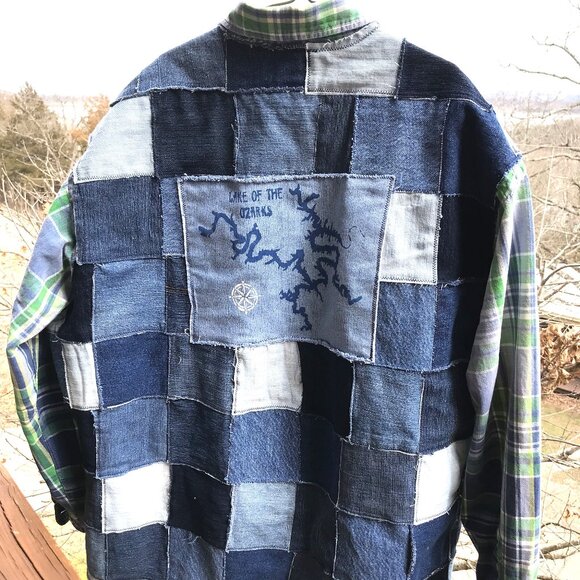 Upcycled Patchwork Jean Jacket, Men's XL: Lake of the Ozarks Denim Patch Shirt - Picture 6 of 14